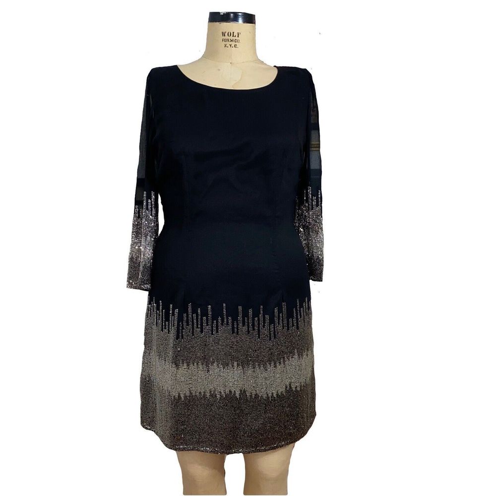 Lotus Threads New York women's little black dress w/ beaded embellishement sz L